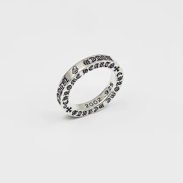 Sterling silver Chrome Hearts 3mm ring with engraved “B-tch” text, part of The Rolling Stones collaboration.