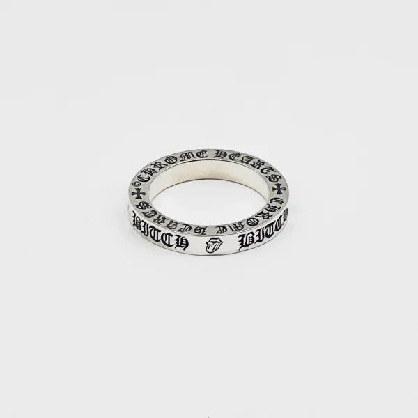 Chrome Hearts 3mm spacer ring in sterling silver, featuring The Rolling Stones B-tch engraving and minimalist band design.