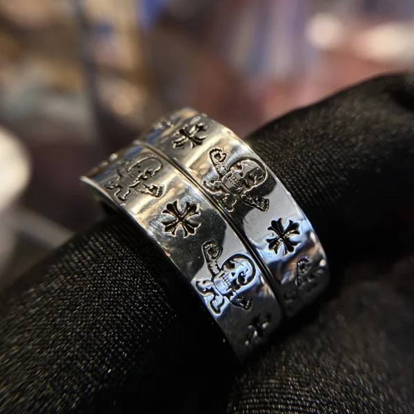 Luxury Chrome Hearts 6mm spacer ring with Foti Harris Teeter motif, handcrafted silver jewelry for streetwear style.