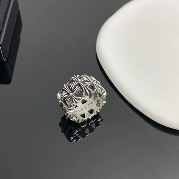 Sterling silver Chrome Hearts ring with Cemetery Cross motif, handcrafted for a statement gothic look.