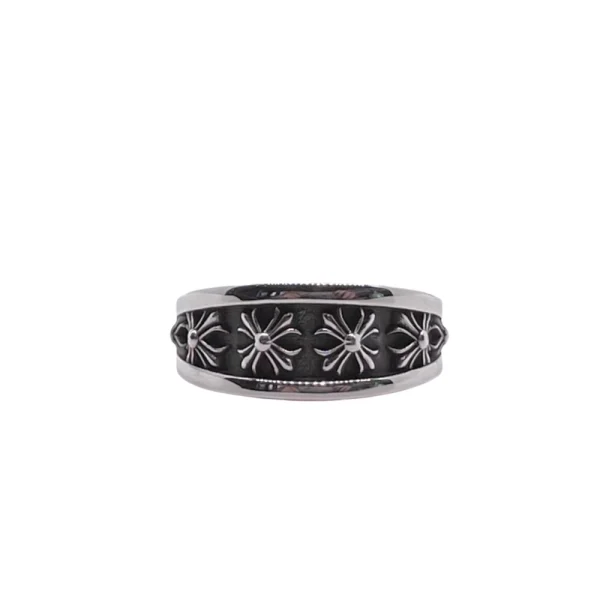 Chrome Hearts CH Plus Bevel ring in sterling silver with beveled edges and engraved cross motifs.