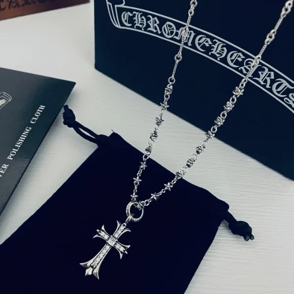 Elegant Chrome Hearts cross pendant necklace with diamonds, combining gothic style and premium craftsmanship.