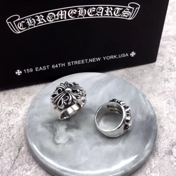 Sterling silver Chrome Hearts ring with Keeper motif, handcrafted luxury jewelry with edgy streetwear style.