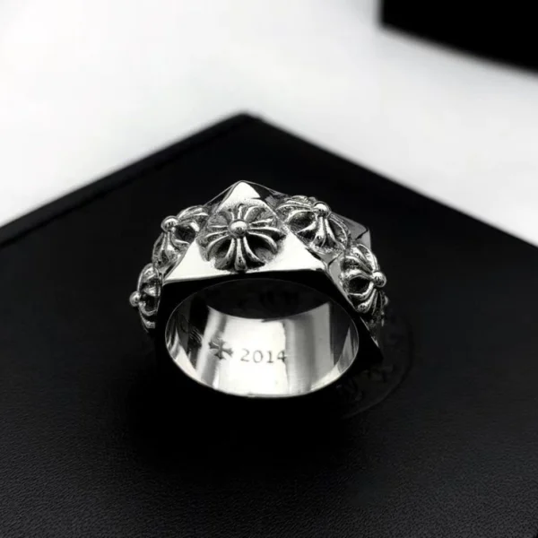 Handcrafted Chrome Hearts Pentagon Plus ring combining edgy geometric style with iconic gothic detailing.