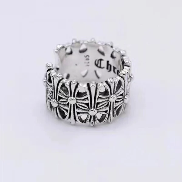Sterling silver Chrome Hearts ring with iconic designs, combining luxury craftsmanship and edgy style.