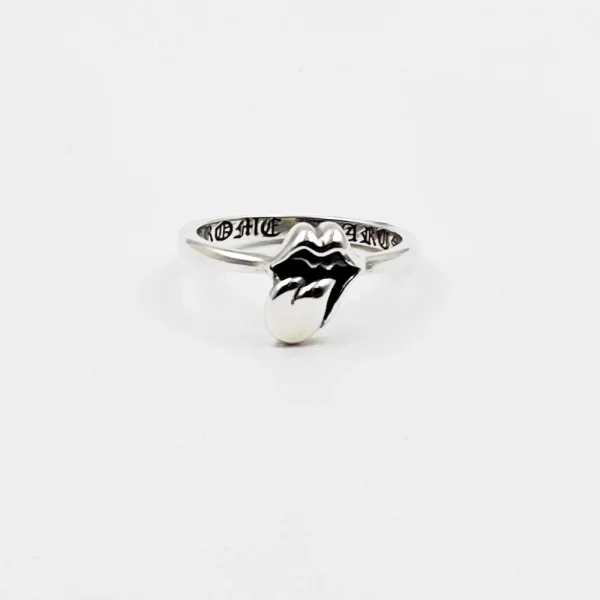 Chrome Hearts Rolling Stones ring in sterling silver featuring iconic tongue logo and gothic-style detailing.