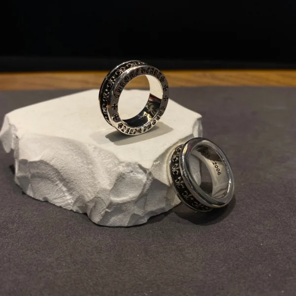 Sterling silver Chrome Hearts ring with small BS Fleur motif, handcrafted luxury gothic jewelry.