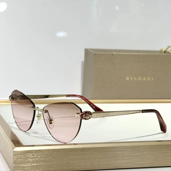 Close-up of Bvlgari Serpenti eyeglasses featuring serpent-inspired arm detail and elegant silhouette