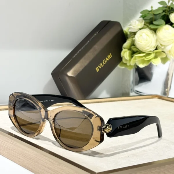 Side view of Bvlgari Serpenti sunglasses highlighting textured temple and subtle logo engraving