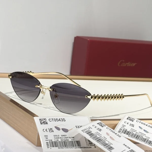Close-up of Cartier Clash sunglasses highlighting geometric stud elements along the temples