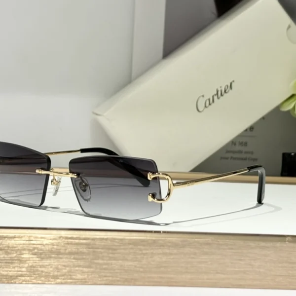 Luxury Cartier Décor C classique de Cartier sunglasses beside red Cartier case and booklet, with focus on high-end design