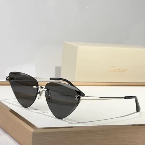 Cartier Panthère sunglasses photographed flat lay with red Cartier box and authenticity card