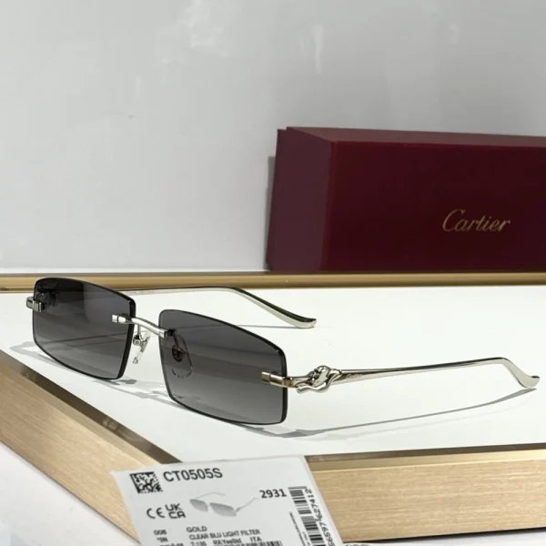 Side profile of Cartier Panthère de Cartier sunglasses emphasizing the bold, feline-inspired frame and gleaming temple accents