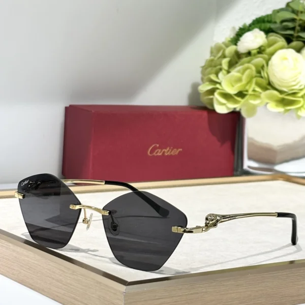 Side view of Cartier Panthère de Cartier sunglasses with metal panther element, capturing timeless luxury