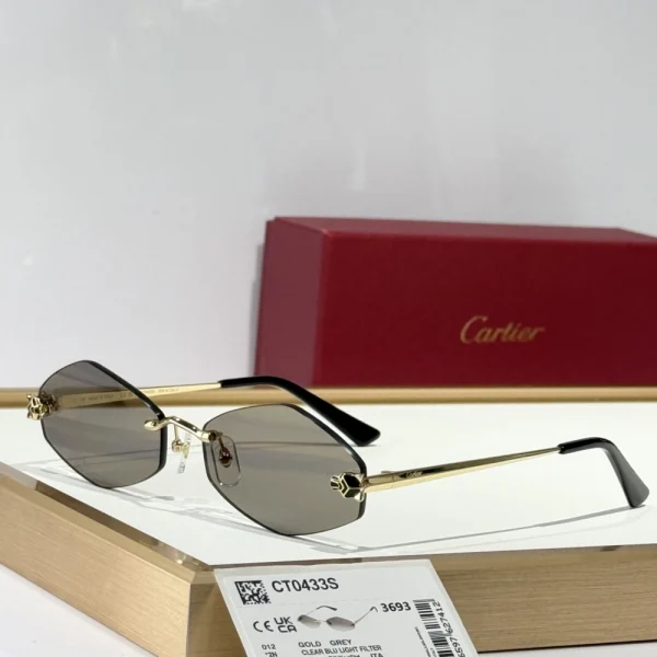 Flat lay of Cartier sunglasses from the Panthère collection with velvet pouch and authenticity card