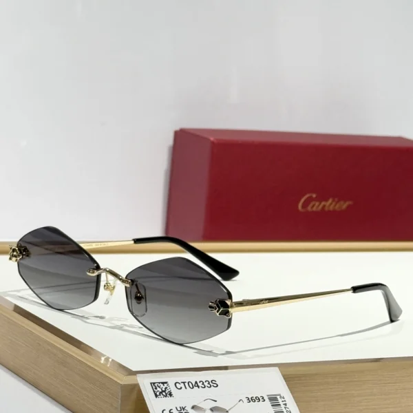 Model wearing Cartier Panthère sunglasses outdoors, showcasing bold silhouette and signature motif