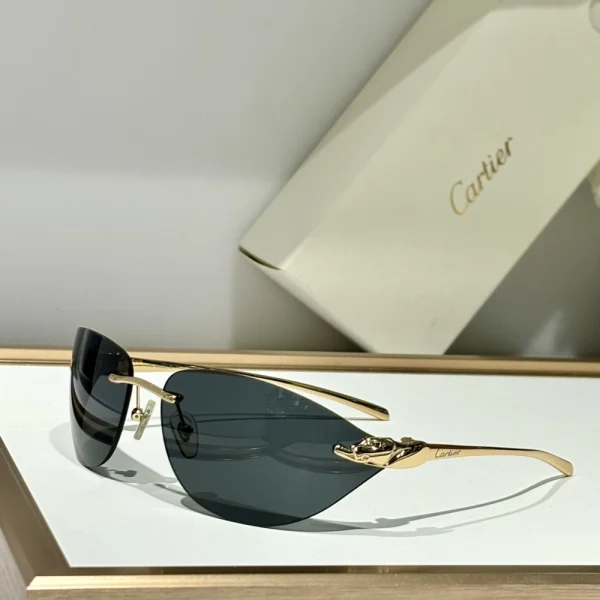Top-down view of Cartier Panthère de Cartier sunglasses placed diagonally next to branded accessories