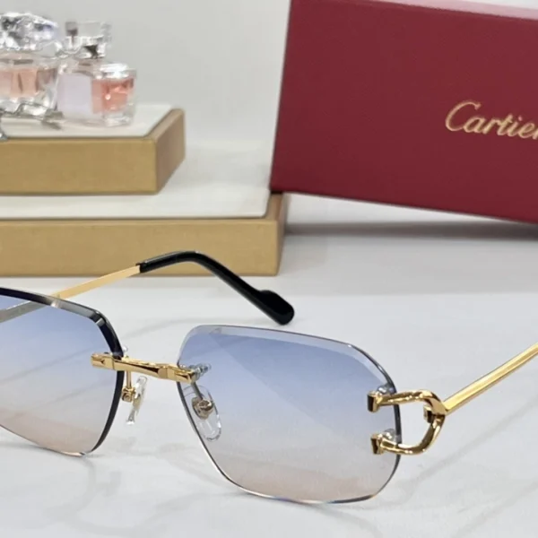 Close-up of Cartier Classic C de Cartier sunglasses highlighting engraved C logo at the temple joint