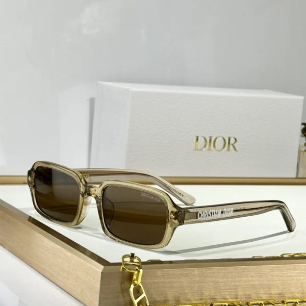 Close-up of Dior DiorPacific S3F sunglasses highlighting signature Dior logo plaque on wide glossy temples
