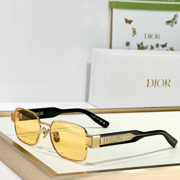 Close-up of Dior Label S2U sunglasses highlighting metallic Dior logo plaque on bold temples