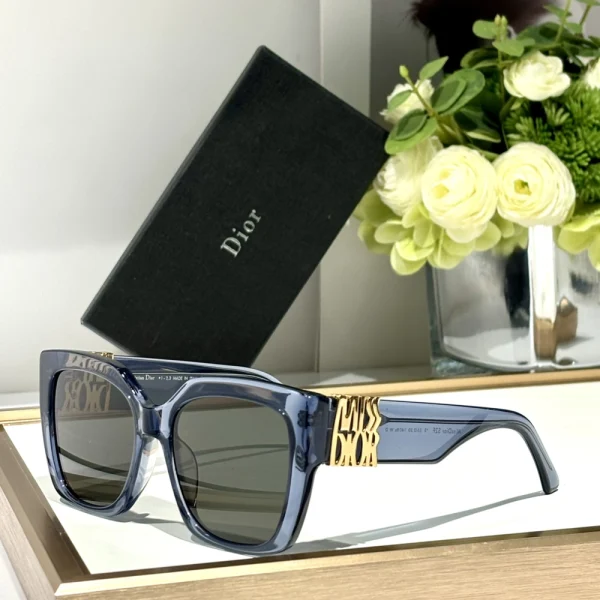 Close-up of Dior MissDior S2F sunglasses highlighting delicate gold CD logo on slim temples