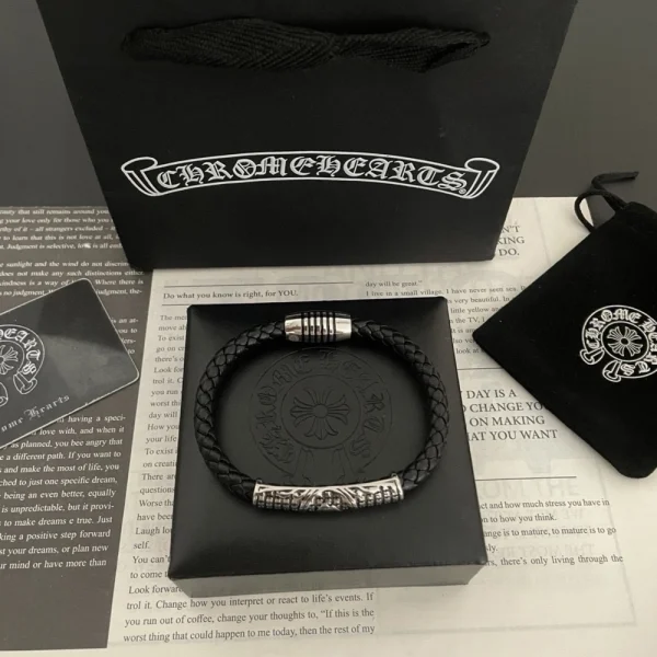 Chrome Hearts black bracelets featuring leather or oxidized silver with bold gothic detailing.
