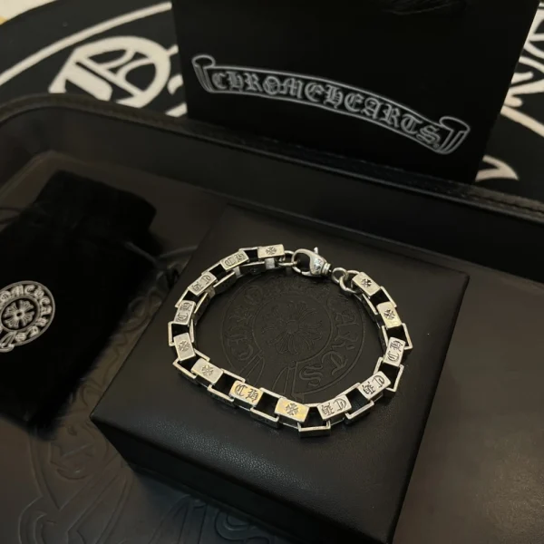 Chrome Hearts Checkered Letter bracelet in sterling silver featuring alternating block letters and checkered design.