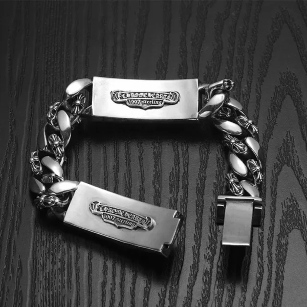 Sterling silver Chrome Hearts bracelet with double fancy links, handcrafted luxury piece with edgy streetwear flair.