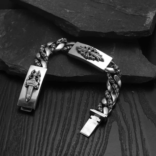 Chrome Hearts Double Fancy Link bracelet in sterling silver featuring bold interlocking chains and gothic detailing.