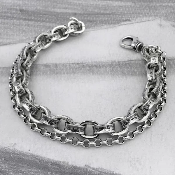 High-end silver bracelets inspired by Chrome Hearts aesthetics — edgy motifs, premium silver, and streetwear attitude.