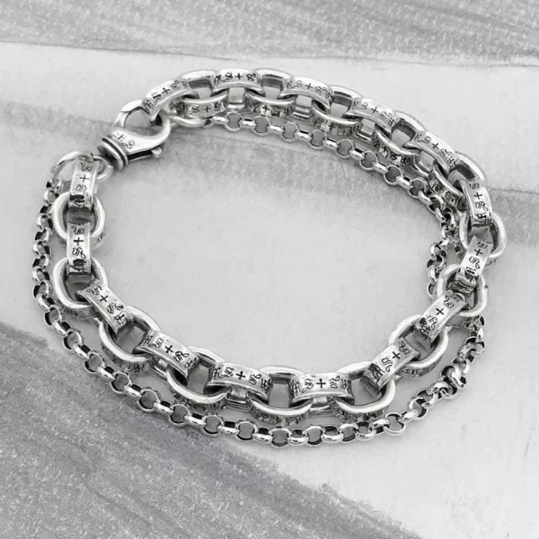Silver bracelets with Chrome Hearts design featuring gothic crosses, bold chains, and luxury craftsmanship.