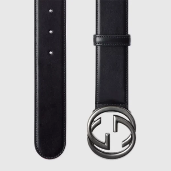 Close-up of Gucci Belt in smooth leather showcasing polished Interlocking G buckle detail