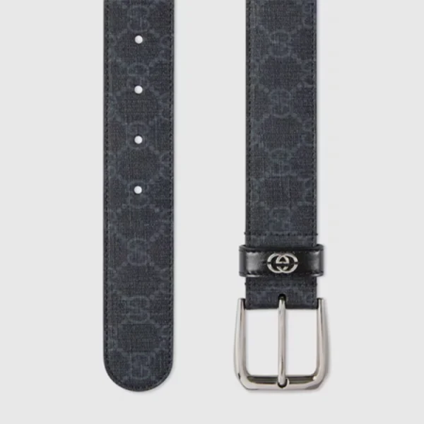 Close-up of Gucci Black GG Supreme Belt highlighting polished Interlocking G detail with fine craftsmanship