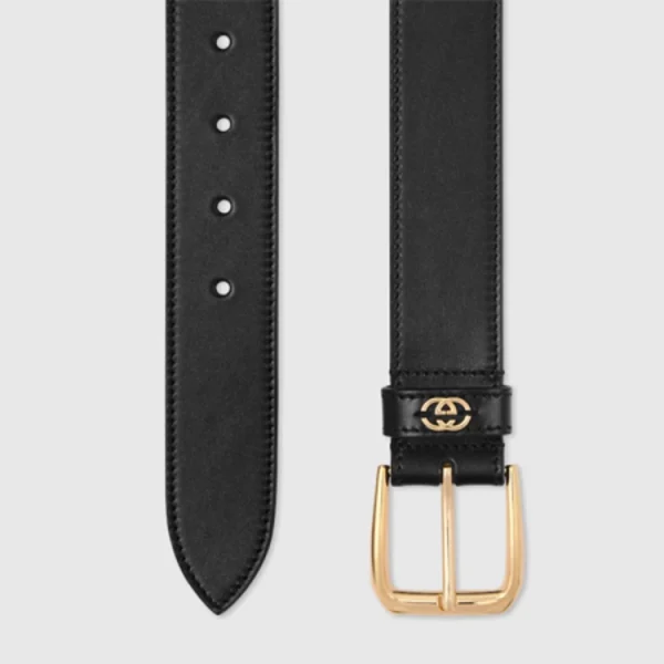 Gucci Black Leather Belt with iconic Interlocking G detail, crafted for a sleek and elegant finish