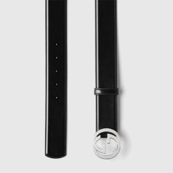 Gucci Designer Black Leather Belt accented with elegant Interlocking G engraved buckle for a sophisticated look