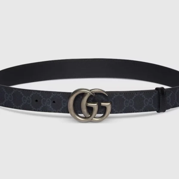 Gucci GG Marmont Thin Belt in Black GG Supreme canvas with signature gold double G buckle – luxury designer belt
