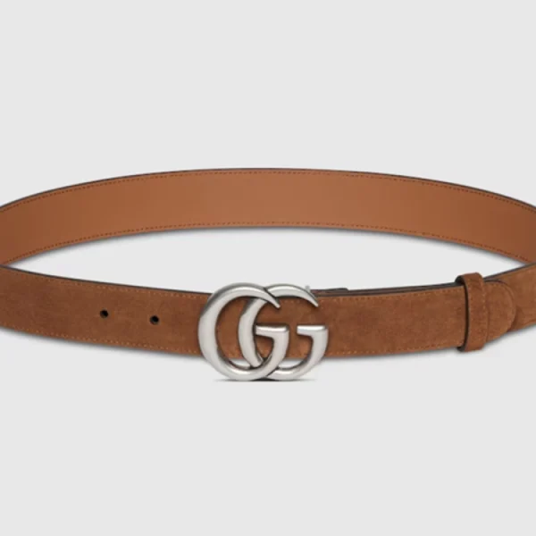 Gucci GG Marmont Thin Belt in brown suede with iconic gold GG buckle – luxury women’s designer belt
