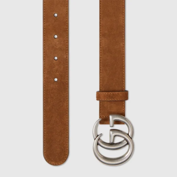 Close-up of Gucci GG Marmont Thin Brown Suede Belt highlighting signature double G buckle detail