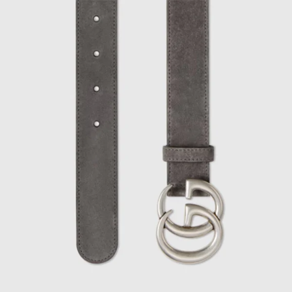 Close-up of Gucci GG Marmont Thin Dark Grey Leather Belt highlighting iconic double G buckle detail