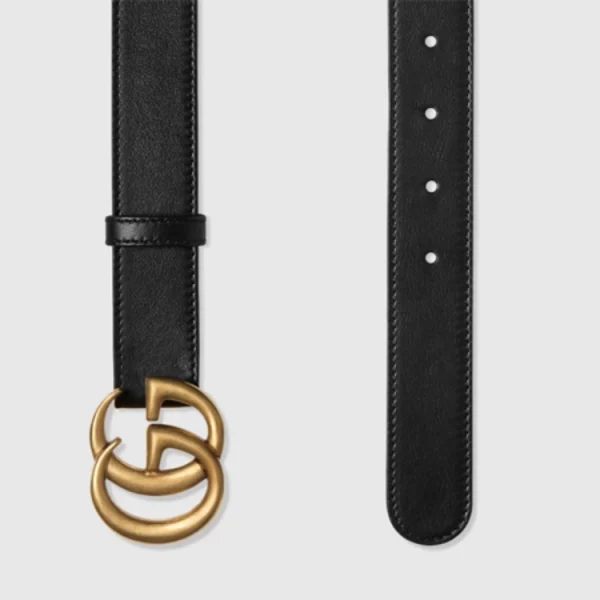 Detail view of Gucci GG Marmont Thin Black Leather Belt showcasing signature double G buckle