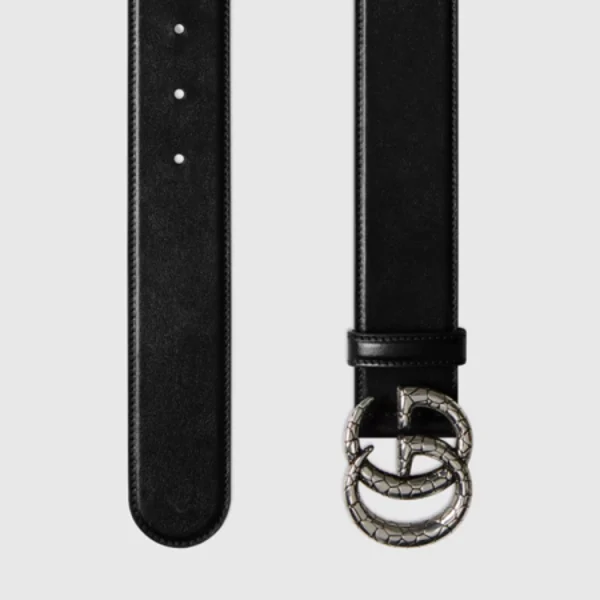 Close-up of Gucci GG Marmont Wide Belt highlighting iconic GG logo buckle and smooth calfskin leather