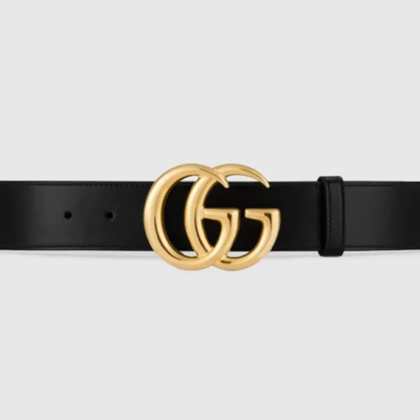 Gucci GG Marmont Wide Belt with shiny gold buckle in black leather – luxury designer statement belt