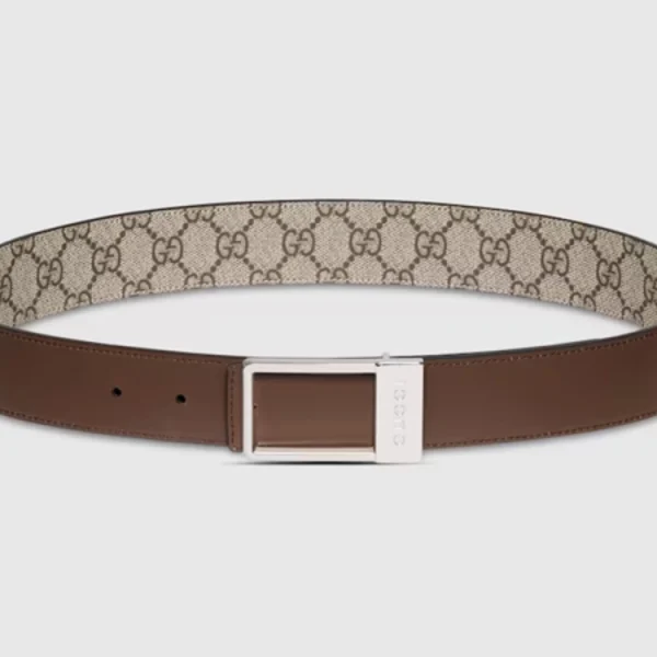 Close-up of Gucci Reversible Leather Belt highlighting sleek rectangular buckle and fine craftsmanship
