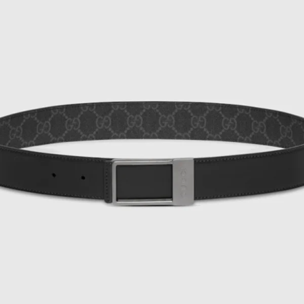 Close-up of Gucci Reversible Leather Belt highlighting sleek rectangular buckle and fine craftsmanship