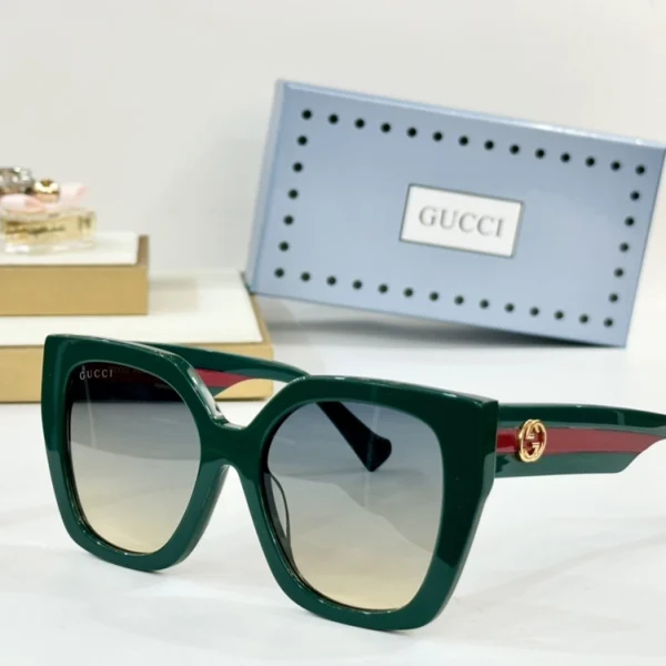 Model wearing Gucci square sunglasses, reflecting effortless style with oversized silhouette