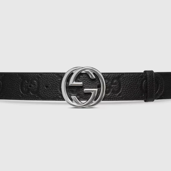 Gucci Wide Belt in black leather with prominent gold Interlocking G buckle – luxury designer accessory