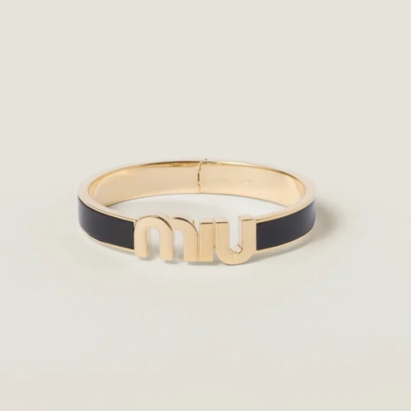 Black enameled metal bracelet by Miu Miu featuring a sleek glossy finish and modern design