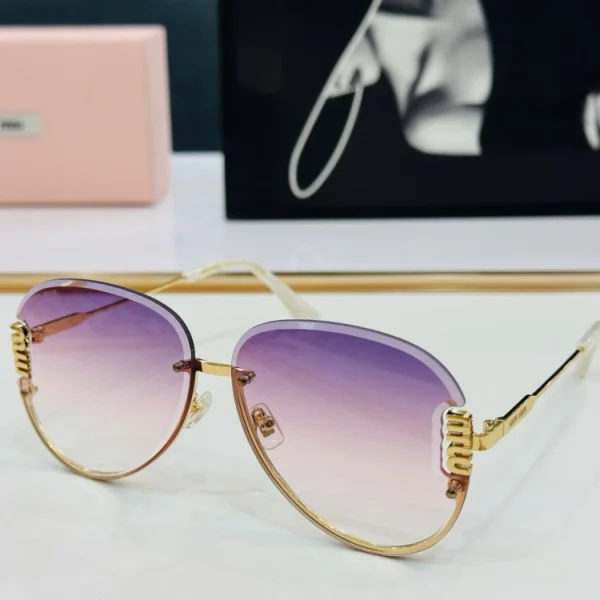 Minimalist shot of Miu Miu sunglasses on white table, designed with precision and luxury materials