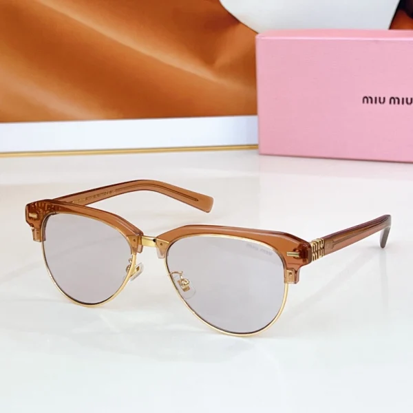 Minimalist setup featuring Miu Miu sunglasses on a wooden table, case in the background