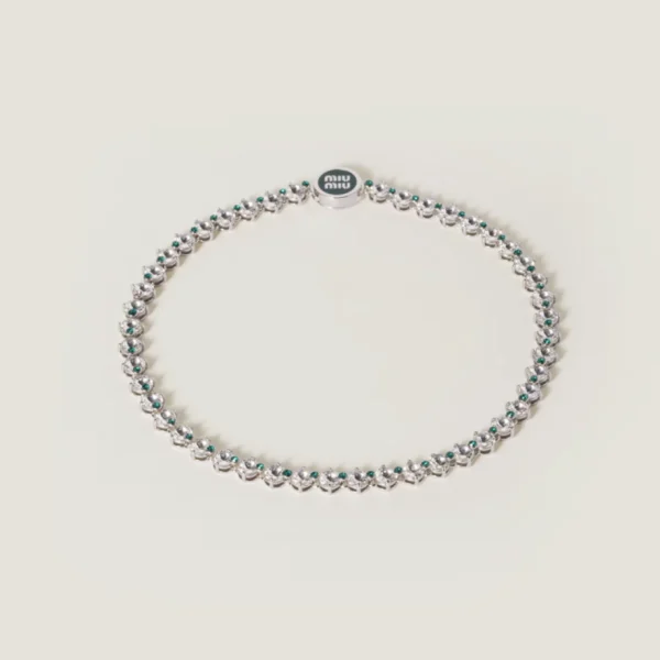 Miu Miu metal necklace in billiard green with sparkling crystal accents and polished finish